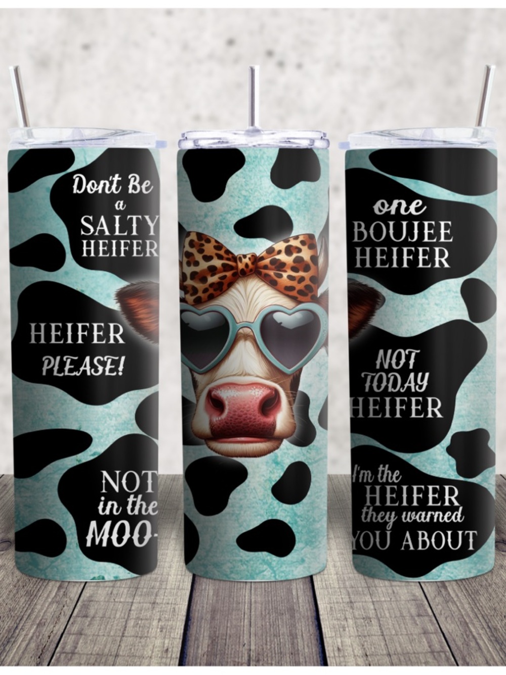 Hand Crafted Teal Cow Print Stainless Tumbler with Leopard Bow Cow